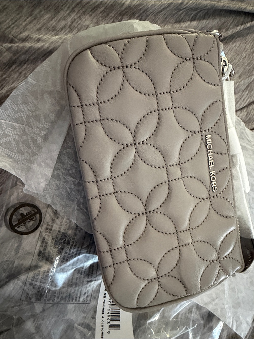 Michael Kors Quilted Light Gray Leather Wristlet